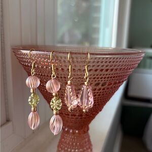 Earrings—Gold, Pink and Green Beaded